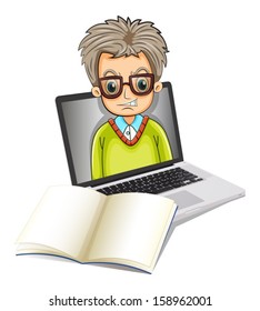 Illustration of an image of a man inside a laptop with an empty notebook on a white background