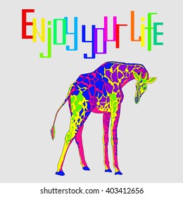 Illustration with the image of multi-colored giraffe labeled Enjoy your life