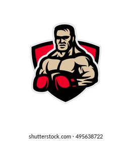 Illustration with the image of a muscular man with boxing gloves on the background of the shield. Logo and mascot for sport team, gym, club, tournament.