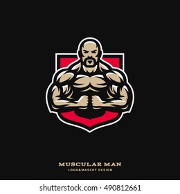 Illustration With The Image Of The Muscular Man Which Is Straining The Muscles In The Background Of The Shield. Logo And Mascot For Sport Team, Gym, Tournament.