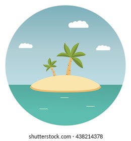  illustration with the image of palm trees in a circle with blue and turquoise color..Tropical Sea Landscape.Summer relaxation poster and flyer