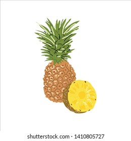 Illustration with the image of pineapple and pineapple in a cut. Bright fruit logo or icon for your design. Doodle style