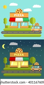 Illustration with the image of a pizzeria at night and in the afternoon and the car on delivery of pizza delivery