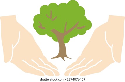 Illustration of the image of protecting nature (protecting the forest with both hands)