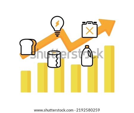 Illustration of an image of rising prices.
This illustration is related to inflation, recession and price hikes.
Arrows, graphs and icons are used to show the rising prices of bread, oil and utilities