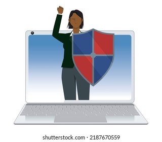 Illustration of the image of security that protects personal computers and laptops. A person with a shield appears from the laptop screen. black woman