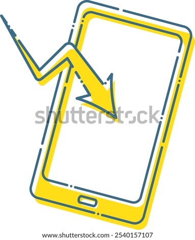 Illustration of an image of sending and receiving data with a yellow smartphone with a blue dashed line