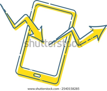 Illustration of an image of sending and receiving data with a yellow smartphone with a blue dashed line