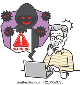 Illustration image of a senior man who was victim of fraud and crime using a personal computer