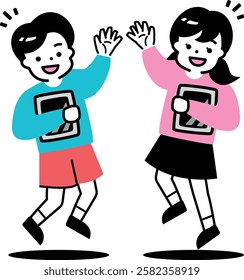 An illustration image of smiling boys and girls holding tablets while high-fiving and jumping_Image of studying, classes, etc.	