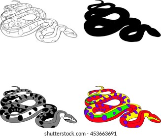 illustration with the image of a snake made contour , silhouette, black and white and color techniques. Vector