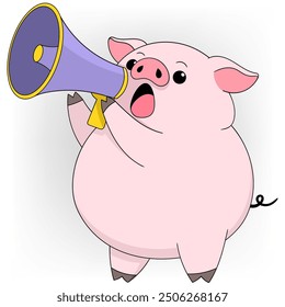 illustration image of social media notification doodle, fat pig carrying megaphone is reporting the latest news