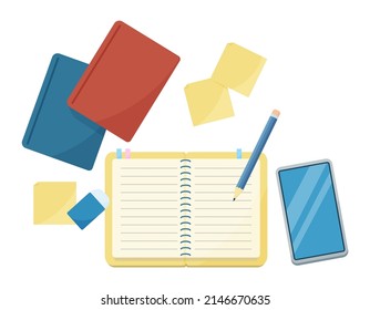 Illustration of image of studying and working. Notebook, book, smartphone, and writing utensils. Overhead view. Vector on white background.