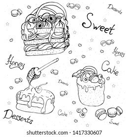 Illustration with the image of sweets, cakes and desserts with fruit