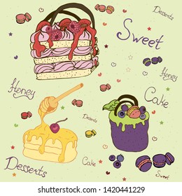 Illustration with the image of sweets, cakes and desserts with fruit