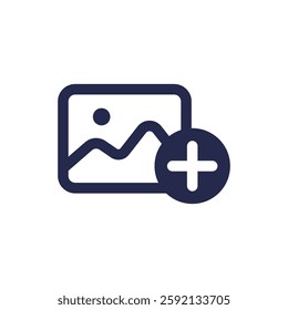 Illustration of an image symbol with a plus sign, symbolizing the addition of an image. Design perfect for mobile apps, web interfaces, and digital projects