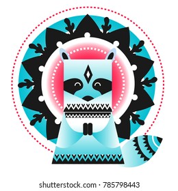 Illustration with the image of a totem animal - Raccoon. Performed in a simple geometric style using bright gradients. 