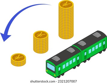 Illustration of an image of train fare reduction, poor performance, and deteriorating business conditions. Isometric illustration that conveys the image at a glance.