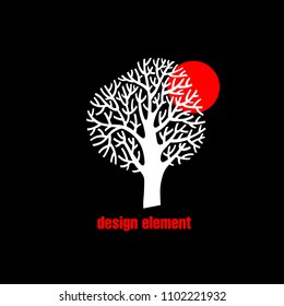 Illustration with the image of a tree. Vector abstract flat icon. The modern concept of white and red printing on black background. Vintage. Design organic natural motifs.