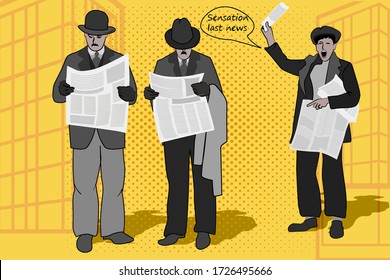 
Illustration image of two businessmen stopping to read financial news of newspapers as they go nearby. The seller of the newspaper screams news.