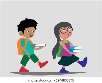 Illustration image of two childrens with holding books going to school- Concept Of Back To School And Reopen 