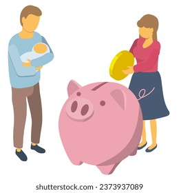 Illustration of an image of a young parenting couple investing and managing their assets. Isometric composition.