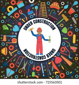 Illustration with images of tools for construction or repair. vector illustration. elements in a circle. informing and promoting. style of doodle