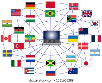 Illustration of images transmitting information around the world with smartphones and computers.
