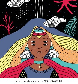 Illustration of an imaginary woman with white clouds, illustration print