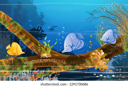 Illustration of the imagination of children - cartoon vector, the underwater world on the background of tropical sea among fish, shellfish, shellfish, crabs, coral on the sand-vector