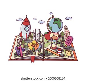 illustration of imagination reading a book. Ilustration for web banner, book cover, etc . Vector isometric illustration.