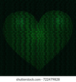 Illustration of imaginative cyber heart of binary code on a background of binary digits