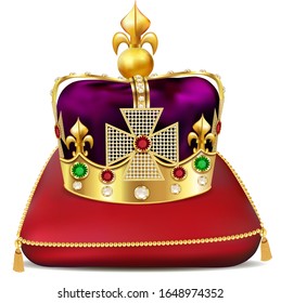 Illustration of an imperial gold crown with precious stones on a pillow