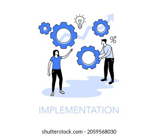 Illustration of an implementation symbol with two people, one putting a cogwheel to a process gear. Easy to use for your website or presentation.