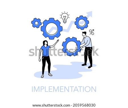 Illustration of an implementation symbol with two people, one putting a cogwheel to a process gear. Easy to use for your website or presentation.