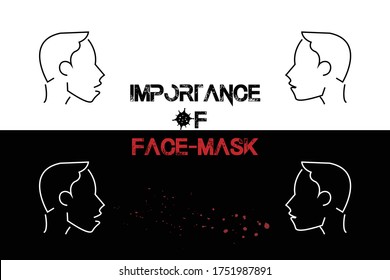 Illustration of the importance of face mask for COVID-19 protection. Coronavirus cells flying in air as red drops on black background when a person talks, coughs or sneezes. 2019-ncov caution.