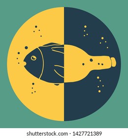 Illustration of the importance of using reusable utensils. Plastic pollution poster drawing. Hand drawn vector art. Fish inside water bottle. T shirt design. Zero waste lifestyle.