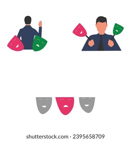 Illustration of imposter syndrome man, man holding on carnival masks with happy or sad expressions.