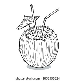 Illustration imprint of a coconut with straws and an umbrella. Doodle style. Black outline isolated on white background.