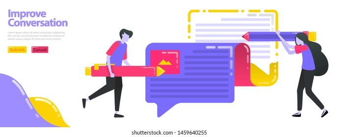 Illustration improve conversation. People who are writing opinions can ballon chat. Improve and update opinions and information. Flat vector concept for Landing page, website, mobile, apps ui, banner