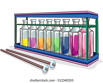 Illustration of an Improvised Xylophone Made from Rows of Glass Bottles and a Pair of Wooden Sticks