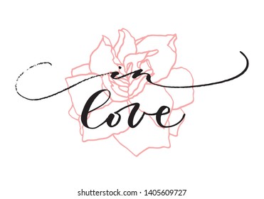  Illustration of "In Love". Hand drawn typography. In Love handwritten calligraphy text for icon, logo or badge. Valentine's Day design. 