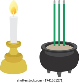 Illustration of the incense holder and the candlestick of Buddhism