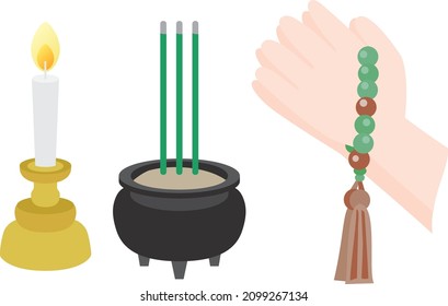 Illustration of a incense holder, a candlestick and Joining hands of the Buddhism.