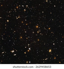 The illustration includes galaxies of various ages, sizes, shapes, and colours. The smallest may be among the most distant known, existing when the universe was just 800 million years old.