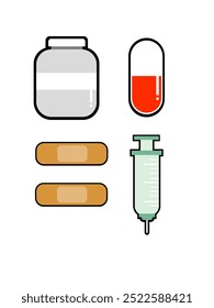 La ilustración incluye una sola tableta de medicamento, una botella de medicamento líquido, un yeso para heridas y una jeringa. Esta composición destaca varias formas de tratamiento utilizadas en la atención médica.