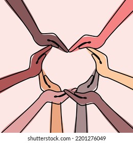 Illustration of inclusion, equality and diversity. Multiethnic hands form a heart