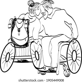 illustration for inclusion. A men and a woman embrace in a wheelchair. The black and white sketch of a young people.