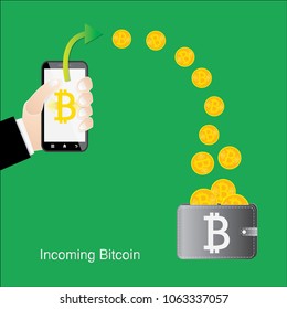 Illustration of incoming Bitcoin. Digital currency have wallet available worldwide.