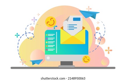 ilustración de correo electrónico entrante con sobre abierto y pantalla de computadora